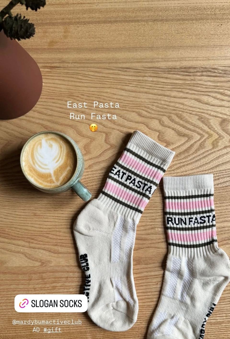 Eat Pasta Run Fasta: Slogan Sports Socks- Cream, Green and Pink