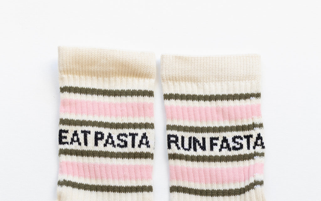 Eat Pasta Run Fasta: Slogan Sports Socks- Cream, Green and Pink
