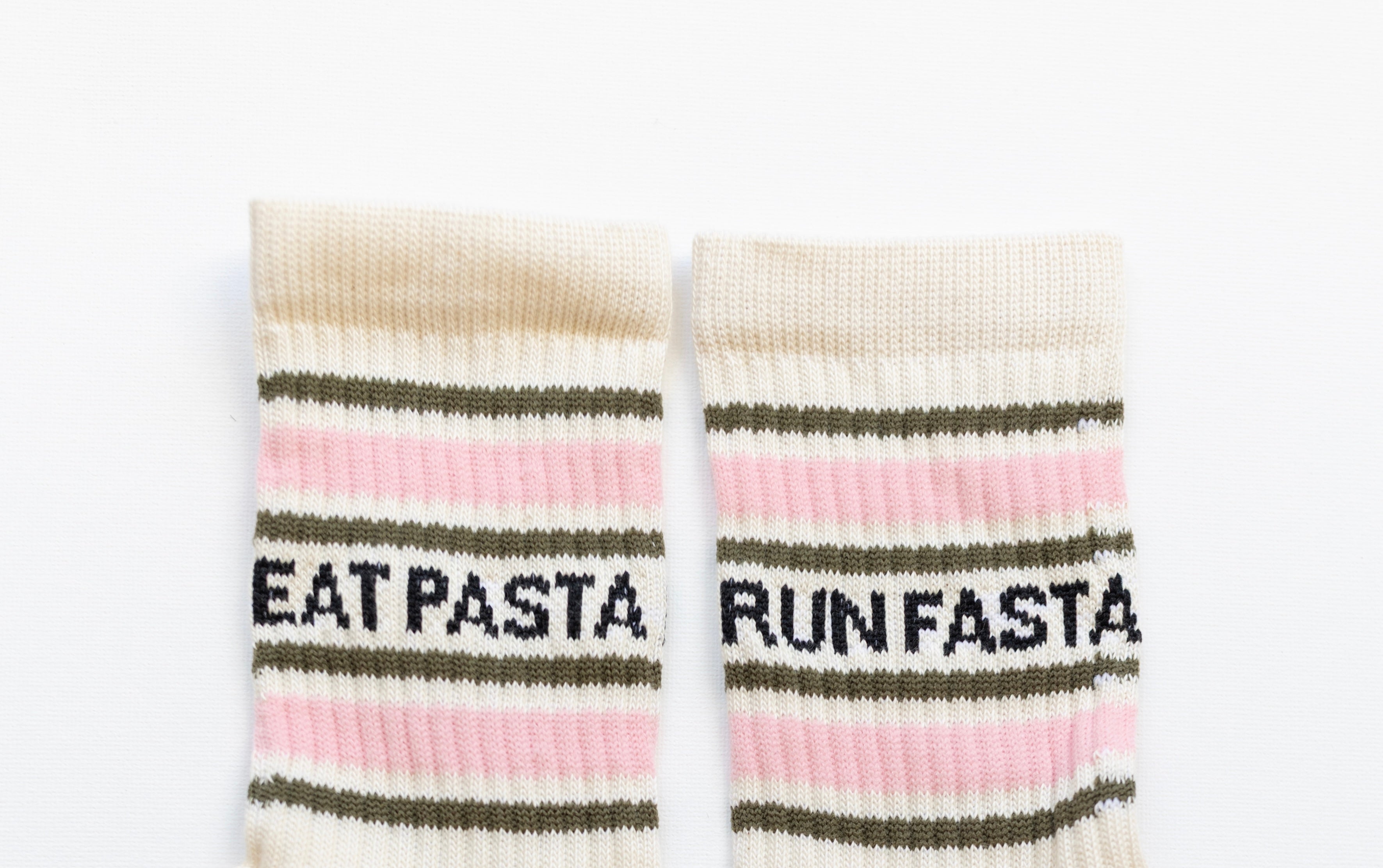 Eat Pasta Run Fasta: Slogan Sports Socks- Cream, Green and Pink