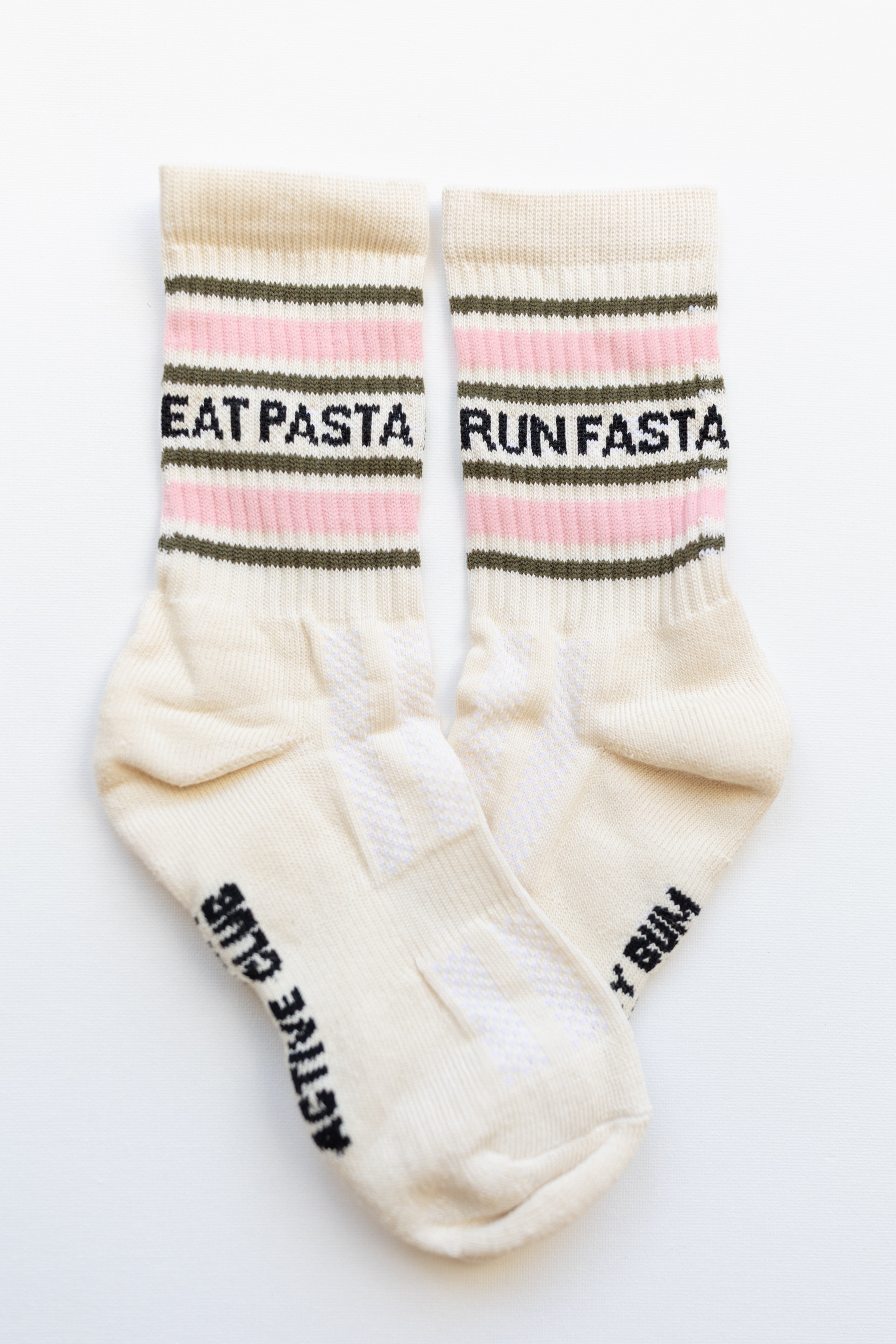Eat Pasta Run Fasta: Slogan Sports Socks- Cream, Green and Pink