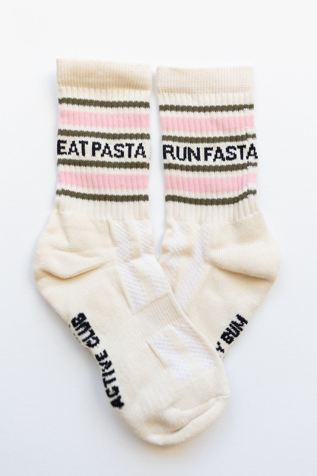 Eat Pasta Run Fasta: Slogan Sports Socks- Cream, Green and Pink