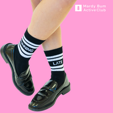 Load image into Gallery viewer, MBAC “RUNNING LATE” slogan sports socks
